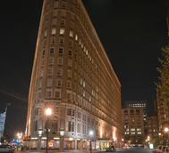 Exterior of the Boston Park Plaza at night